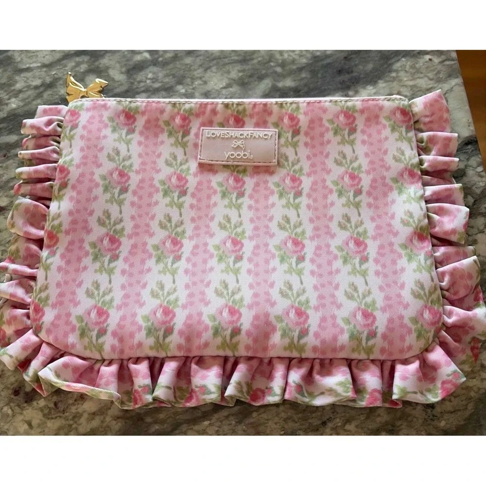 LoveShackFancy x Yoobi Pink Floral Ruffle Accessory Pouch Blooming Heirloom New